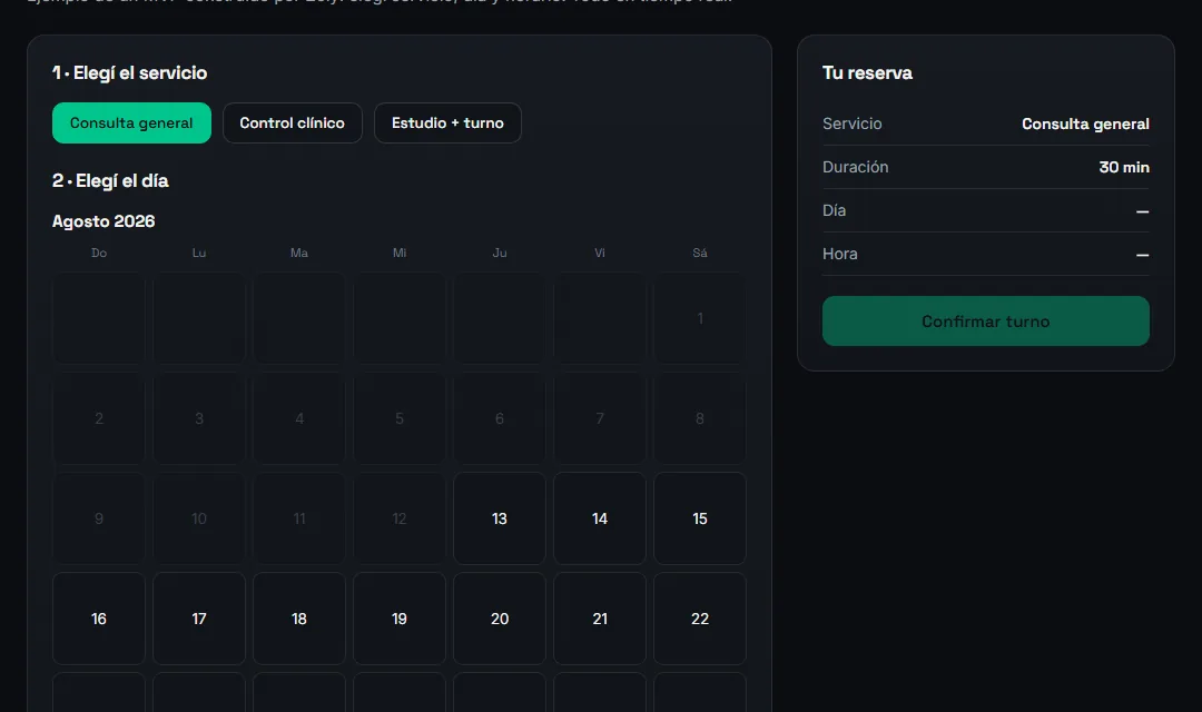 Demo del MVP: reserva de turnos online con calendario